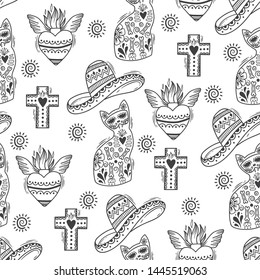 Vector seamless pattern with hand drawn doodle Mexican elements. Independence day, Cinco de mayo celebration, party decorations for your design