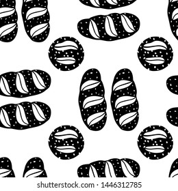 Vector seamless pattern with hand drawn traditional German pretzel buns. Ink drawing, graphic style. Beautiful food design elements.