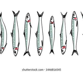 Vector seamless pattern with hand drawn Indian oil sardines. Advertising, menu or packaging cool design elements, perfect for prints and patterns