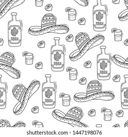 Vector seamless pattern with hand drawn doodle Mexican elements. Independence day, Cinco de mayo celebration, party decorations for your design