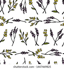 Vector seamless pattern with hand drawn flower twigs made with ink. Beautiful floral design elements, perfect for prints and patterns