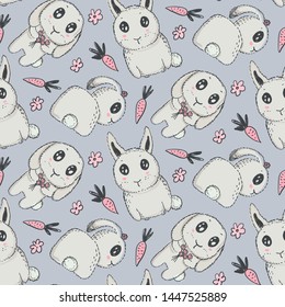 Vector seamless pattern with hand drawn cute rabbits, flowers, carrot. Doodle cartoon style. Illustration for cards, textile, paper, invitations, baby shower, preschool and children room decoration