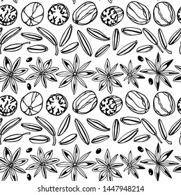 Vector seamless pattern with hand drawn spice seeds. Beautiful food design elements, perfect for any business related to the food industry.