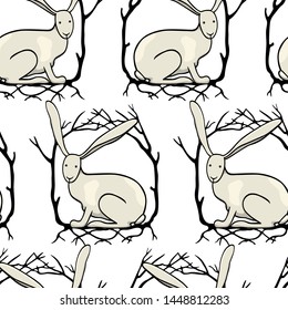 Vector seamless pattern with hand drawn hares in black tree wreath. Beautiful  animal design elements, perfect for prints and patterns