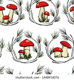 Vector seamless pattern with hand drawn wild mushrooms in floral wreath. Ink drawing, beautiful food design elements.