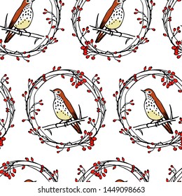 Vector seamless pattern with hand drawn cute birds in barberry wreath made with ink. Perfect design elements, beautiful animal illustration