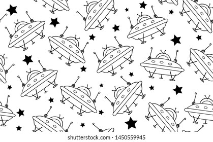 Vector seamless pattern with hand drawn 
UFO starships