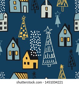 Vector seamless pattern with hand drawn Christmas Trees and houses.  Sketch illustration 