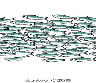 Vector seamless pattern with hand drawn Pacific sardines. Advertising, menu or packaging cool design elements, perfect for prints and patterns
