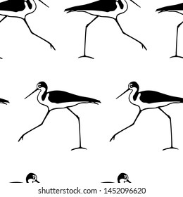 Vector seamless pattern with hand drawn cute wading black-winged stilts. Beautiful animal design elements, ink drawing, perfect for prints and patterns