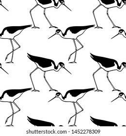 Vector seamless pattern with hand drawn cute wading black-winged stilts. Beautiful animal design elements, ink drawing, perfect for prints and patterns