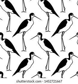 Vector seamless pattern with hand drawn cute black-necked stilts. Beautiful animal design elements, ink drawing, perfect for prints and patterns