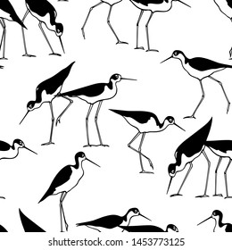 Vector seamless pattern with hand drawn cute wading black-necked stilts. Beautiful animal design elements, ink drawing, perfect for prints and patterns