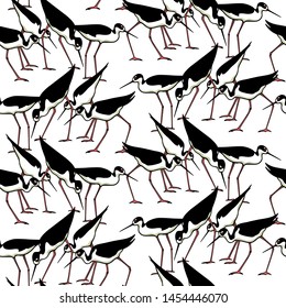 Vector seamless pattern with hand drawn cute wading black-necked stilts. Beautiful animal design elements, ink drawing, perfect for prints and patterns