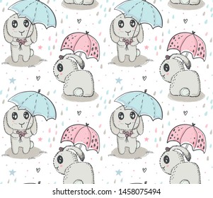 Vector seamless pattern with hand drawn cute rabbits, umbrella, rain drops. Doodle cartoon style. Illustration for cards, textile, paper, invitations, baby shower, preschool and children room decorati