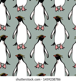 Vector seamless pattern with hand drawn cute Macaroni penguins. Ink drawing, funny illustration, beautiful animal design elements. Perfect for prints and patterns