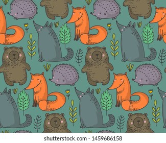 Vector seamless pattern with hand drawn wild forest animals. Colorful endless background for textile, wrapping paper, cards, invitations, preschool and children room decoration