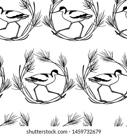 Vector seamless pattern with hand drawn cute avocets in floral wreath. Beautiful animal design elements, ink drawing,perfect for prints and patterns