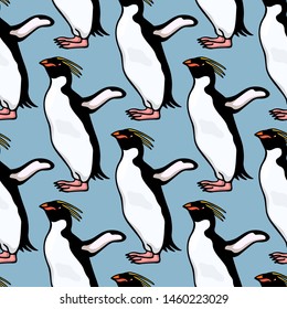 Vector seamless pattern with hand drawn cute Macaroni penguins. Ink drawing, funny illustration, beautiful animal design elements. Perfect for prints and patterns