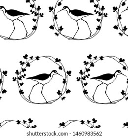 Vector seamless pattern with hand drawn cute black-necked stilts in floral vintage frames. Beautiful animal design elements, ink drawing, perfect for prints and patterns
