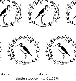 Vector seamless pattern with hand drawn cute black-necked stilts in floral vintage frames. Beautiful animal design elements, ink drawing, perfect for prints and patterns