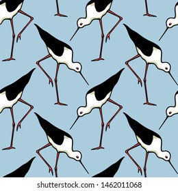 Vector seamless pattern with hand drawn cute black-winged stilts. Beautiful animal design elements, ink drawing, perfect for prints and patterns