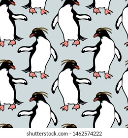 Vector seamless pattern with hand drawn cute Macaroni penguins. Ink drawing, funny illustration, beautiful animal design elements. Perfect for prints and patterns