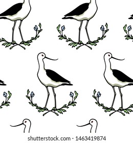 Vector seamless pattern with hand drawn cute avocets in floral wreath. Beautiful animal design elements, ink drawing,perfect for prints and patterns