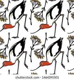 Vector seamless pattern with hand drawn cute avocets in floral wreath. Beautiful animal design elements, ink drawing, perfect for prints and patterns
