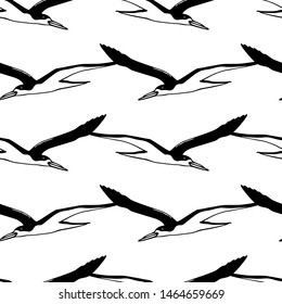 Vector seamless pattern with hand drawn flying black skimmers. Beautiful animal design elements, ink drawing. Perfect for prints and patterns