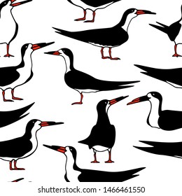 Vector seamless pattern with hand drawn cute black skimmers. Beautiful animal design elements, ink drawing. Perfect for prints and patterns