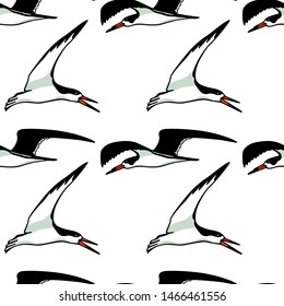 Vector seamless pattern with hand drawn flying black skimmers. Beautiful animal design elements, ink drawing. Perfect for prints and patterns
