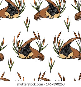 Vector seamless pattern with hand drawn cute anteaters in cattail wreath. Beautiful ink drawing, sketch style. Perfect for prints and patterns