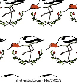 Vector seamless pattern with hand drawn cute avocets in floral wreath. Beautiful animal design elements, ink drawing,perfect for prints and patterns