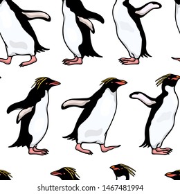 Vector seamless pattern with hand drawn cute Macaroni penguins. Ink drawing, funny illustration, beautiful animal design elements. Perfect for prints and patterns