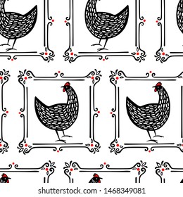 Vector seamless pattern with hand drawn black speckled hens in vintage frames. Beautiful ink drawing. Perfect elements for food or farming design.
