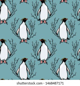 Vector seamless pattern with hand drawn cute Macaroni penguins in floral wreath. Ink drawing, funny illustration, beautiful animal design elements. Perfect for prints and patterns