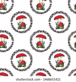 Vector seamless pattern with hand drawn poisonous wild fungus Amanita in floral wreath. Ink drawing, graphic style. Beautiful design elements.