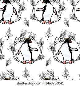 Vector seamless pattern with hand drawn cute Macaroni penguins in pine wreath. Ink drawing, funny illustration, beautiful animal design elements. Perfect for prints and patterns