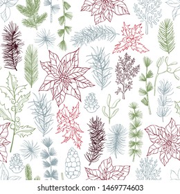 Vector  seamless pattern with hand drawn Christmas plants