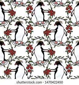 Vector seamless pattern with hand drawn cute Macaroni penguins in floral wreath. Ink drawing, funny illustration, beautiful animal design elements. Perfect for prints and patterns