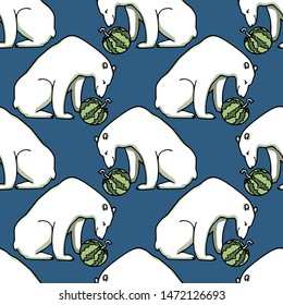 Vector seamless pattern with hand drawn cute polar bears with water melons. Beautiful animal design elements, ink drawing. Perfect for prints and patterns