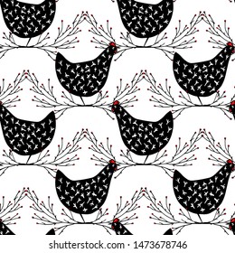 Vector seamless pattern with hand drawn black speckled hens in floral wreath. Beautiful ink drawing, heavy contour, abstract design elements. Perfect elements for food or farming design.