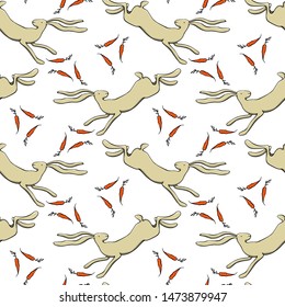 Vector seamless pattern with hand drawn hares with juicy carrots. Beautiful  animal design elements, perfect for prints and patterns