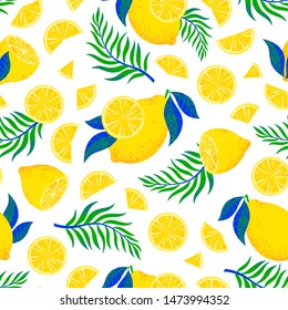 Vector seamless pattern with hand drawn lemons and leaves.Textile design texture. Fresh vitamin nutrition.Fruits print perfect for prints,wrapping paper,t-shirts,background fill,social media.