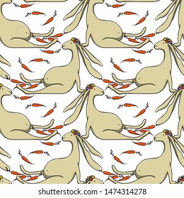 Vector seamless pattern with hand drawn hares with juicy carrots. Beautiful  animal design elements, perfect for prints and patterns