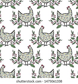 Vector seamless pattern with hand drawn chickens in floral laurel. Beautiful ink drawing, heavy contour. Perfect elements for food or farming design.