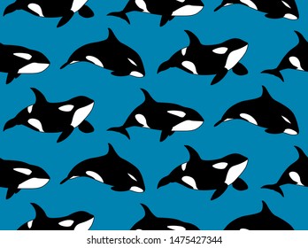 Vector seamless pattern of hand drawn killer whale swimming on blue background. Marine texture with orca