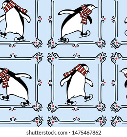 Vector seamless pattern with hand drawn cute penguins skating on ice with red striped scarves in vintage frames. Ink drawing, funny illustration, beautiful winter sport design elements.