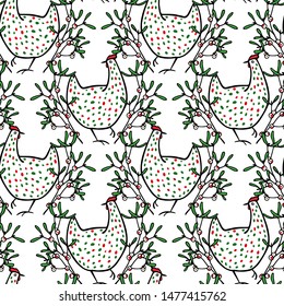 Vector seamless pattern with hand drawn chickens in floral laurel. Beautiful ink drawing, heavy contour. Perfect elements for food or farming design.